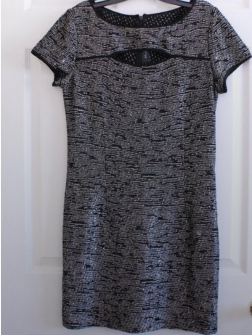 St. John Tweed Dress Metallic Black White Short Sleeve